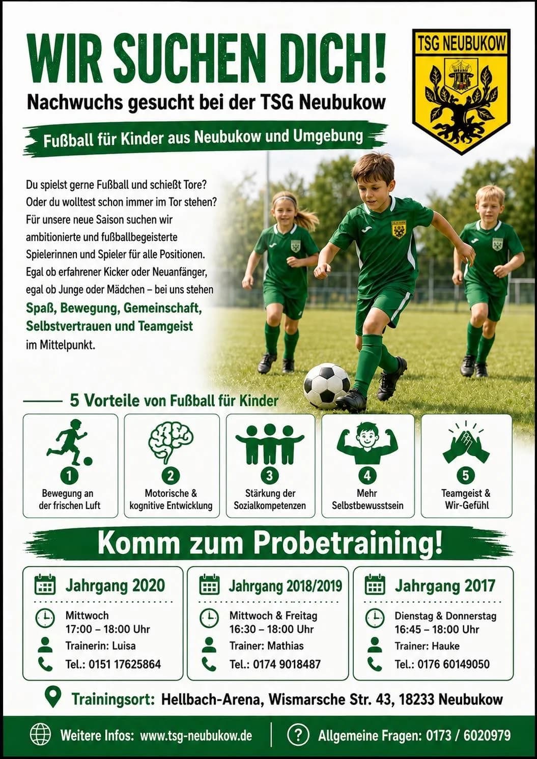 Plakat: Nachwuchs gesucht bei der TSG Neubukow - Probetraining